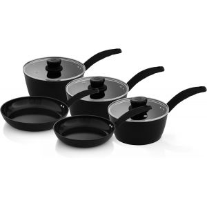 Checarzhn--No1-Swps5021blkn Stealth Batterie De Cuisine 5 Pièces Avec Revêtement En Céramique De Qualité Supérieure, Casseroles De 18/20/22 Cm Avec Couvercles En Verre Trempé, Poêles À Frire De 20/24 - Neuf
