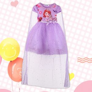 Robe D'ete Une Piece A Manches Courtes Pour Fille, Motif Dessin Anime, Avec Voile (Violet 100) - Neuf