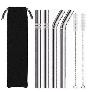 4pcs argent 12mm pailles en métal réutilisables avec 2 brosse 304 pailles en acier inoxydable ensemble bar boire courbé - Neuf