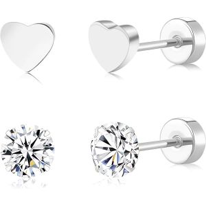 Kal-Lot De 2 Paires De Boucles D'oreilles &Agrave; Dos Plat Pour Femme En Titane Cz Et Coeur &Agrave; Dos Plat Pour Plusieurs Oreilles Perc&eacute;es Hypoallerg&eacute;niques Pour Oreilles Sensibles - Neuf