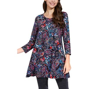 Utigh-Tunique Femme Longue Grande Taille À Manches 3/4 Chic Et Élégante Chemisier Haut Ample À Motifs Couleur Unie Col Rond T-Shirts Blouses - Neuf