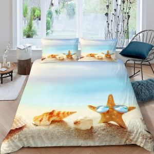 Housse De Couette &iquest;&iquest;Toile De Mer Coquillage X Imprim&iquest;&iquest; D Plage D'&iquest;&iquest;T&iquest;&iquest; Parure De Lit Personnes Hypoallergique Microfibre Literie Pi&iquest;&iquest;Ces Avec Ferm - Neuf