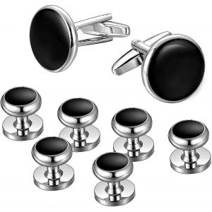 Hommes Boutons De Manchette Et Clous Ensemble -Chemises De Smoking Classique Noir Et Argent Match - Neuf