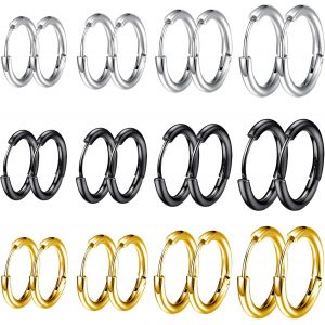 Kalhx-12 Paires Boucles D'oreilles Créoles Or/Argent/Noir,Boucle D Oreille Homme Anneaux,Boucle D'oreille Femme Creole,Boucles D'oreilles Femme,Boucle D Oreille Homme,8/10/12/14 Mm - Neuf