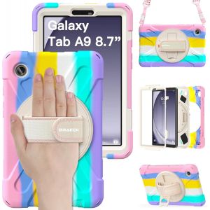 Coque Pour Samsung Galaxy Tab A9 8.7 Pouces 2023, &Eacute;tui De Robuste Avec Support Rotatif &Agrave; 360&deg;Et Dragonne, Bandouli&egrave;re, Porte-Stylet, R&eacute;sistant Housse Pour Sm-X110/Sm-X115/Sm-X117, Multicolore - Neuf