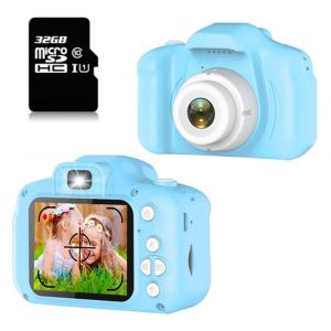 Mini appareil photo num&eacute;rique pour enfants avec carte m&eacute;moire 32 Go, cam&eacute;scope HD, l&eacute;ger, facile &agrave; utiliser, dragonne incluse - Neuf