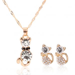 Parure De Bijoux Fantaisie Avec Collier Et Boucles D'oreilles Chat Femelle, Avec Strass (Dore Transparent) - Neuf
