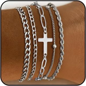 Eryi-5 Pièces Bracelet Pour Femme Empilables Bracelet En Acier Inoxydable Or Argent Bracelet Avec Pendentif Croix Gourmette Chaine Bracelet Torsadée Chaîne Réglable Bracelets Pour Femmes - Neuf