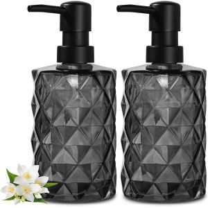 Glass Soap Dispenser,330 ml,Black with Diamond Print,Modern Glass Pump Dispenser for Bathroom,Set of 2 - Neuf