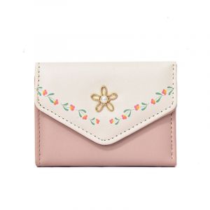 (Rose) Portefeuille à imprimé floral mignon pour filles, petit portefeuille esthétique à trois volets, portefeuille en cuir PU pour femmes, porte-cartes avec fenêtre d'identité - Neuf