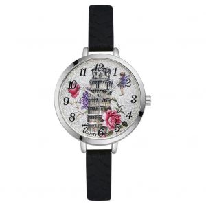 Gaiety Femmes Dames Filles Belle Tour Motif Quartz Mouvement Montre Montre-Bracelet (Noir) - Neuf