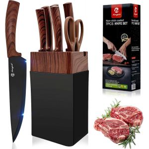 Mevronisshop-7 Pi&egrave;ces Couteaux De Cuisine, Couteau Cuisine Bloc Et Aiguiseur Int&eacute;gr&eacute;,Lames En Acier Inoxydable Aiguis&eacute;es,Manches Ergonomiques Antid&eacute;rapants,Set De Couteaux De Cuisine Pour Usage Domic - Neuf