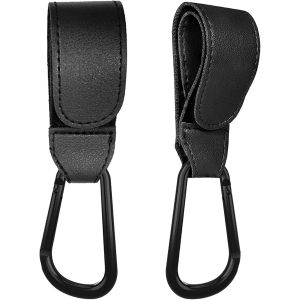 Lot De 2 Crochets De Poussette (Noirs), Mousqueton En Cuir, Support De Sac De Poussette, Crochet De Rangement Pour Sacs D'épicerie, De Couches Et De Langer - Neuf