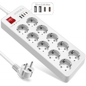 10 Power Strip Surge Arrester Sockets Up To 1700 Joules, Usb C Electric Power Strip Charger Extension Cord With Child Wall Protection Switch 1.5 M White - Neuf