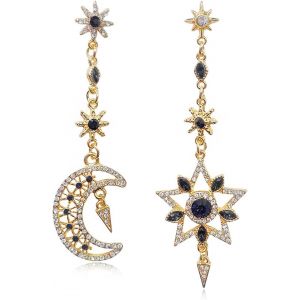 Kal-Boucle D'oreille Étoile Et Lune Femme Gold Boucles D'oreilles Pendantes Asymétriques Lune Etoile Hypoallergénique Boucles D'oreilles Zirconium Lune Et Étoile Boucles D'oreilles - Neuf