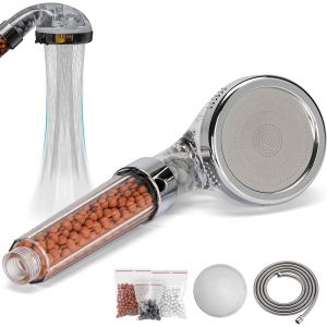 KAL-Pommeau De Douche Haute Pression Anti Calcaire Avec Tuyau 1,5 M, Douchette Économiseur D'Eau Salle De Bain, Filtre À Trois Niveaux Système De Filtrage Avec 3 Packs Minérale Balles Remplaçable - Neuf