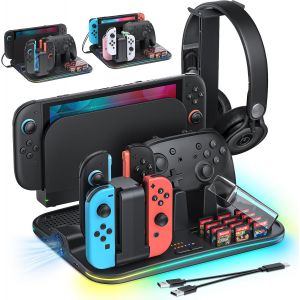 [Compatible Switch 2/1] Manette Chargeur pour Nintendo Switch 2/1/OLED pour Joycon, Support Switch 2 avec 9 modes RVB, Ventilateur, 12 emplacements pour cartes de jeu, Support pour casque - Neuf