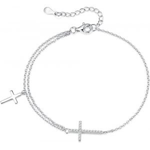 Bracelet Croix Femme Argent 925 Double Croix Pendentif Avec Zircone Cubique Réglable Cadeau Saint Valentin Femme - Neuf