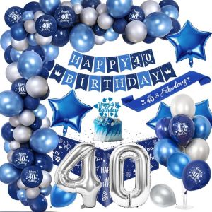 AYUHR-18 Ans Décoration Anniversaire Garçons Chrome Bleu Argent,Royal Bleu Ballons Arch Kit avec Joyeux Anniversaire Bannière Cake Topper Nappe Birthday Sash Grand Ballon Numéro 18 - Neuf