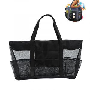 Grand sac de plage noir en maille, grand sac fourre-tout de plage pliable à bandoulière (70 x 37 x 18 cm) - Neuf