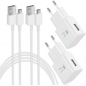 Chargeur Pour Samsung Chargeur Rapide Avec Câble De Charge Rapide Micro Usb 1,5 M Compatible Avec Samsung Galaxy S7 S7 Edge S6 S5 S4 S3 S2 Note5/4 Xcover 4 3 2 J4+ A5 A7 J3 J5 J7 Tab (Lot De 2, Blanc - Neuf