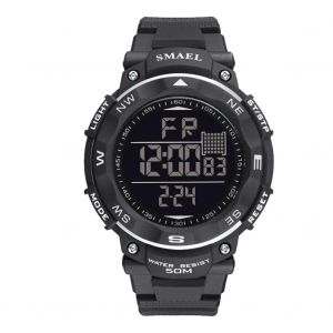 Smael Montre Num&eacute;rique &Eacute;tanche Pu Bracelet R&eacute;tro L&eacute;ger Rond Montre-Bracelet &Eacute;lectronique Noir Gris - Neuf