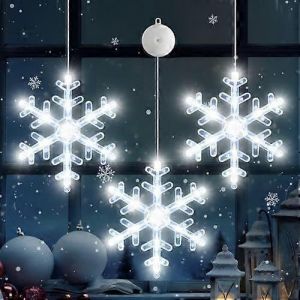 Minuterie 3Pcs de No&euml;l de la Fen&ecirc;tre les Lumi&egrave;res des D&eacute;corations, Aliment&eacute; par Batterie Suspendu Blanc Flocon de neige Lumineux LED en Forme de Ventouse pour No&euml;l Lampe Arbre Chemin&eacute;e Int&eacute;rieure - Neuf