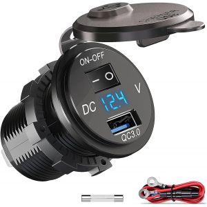 JGD-Prise de Chargeur USB Voiture 12V/24V Quick Charge 3.0, Prise Allume-Cigare avec Interrupteur LED et Voltm&egrave;tre Int&eacute;gr&eacute; - Etanche pour Moto, Bateau, Camion, Camping-Car, 4x4, Bateau Moteur - Neuf