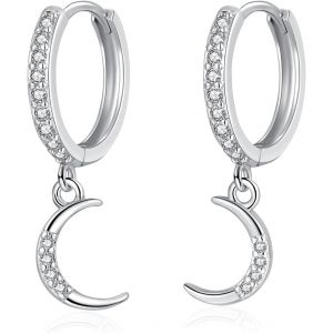 Kal-Boucles D'oreilles Créoles En Argent 925 Avec Pendentif, Boucles D'oreilles Pendantes En Argent Sterling 925 Avec Lune Et Étoile, Boucles D'oreilles Créoles Pendantes Pour Femme Et Fille - Neuf