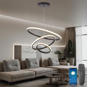 Suspension Led Moderne 45w,3 Anneaux Suspension Réglable Lustre De Plafond,Lampe À Suspension Avec Télécommande,Dimmable 3000k-6000k,Led Lustre Pour Salon,Cuisine,Restaurant,Noir - Neuf