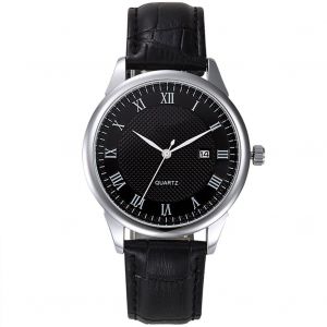 Montre-Bracelet Analogique Ronde A Quartz Pour Homme, Bracelet En Cuir, Date, Pour Le Travail (Cadran Noir, Boitier Argente) - Neuf