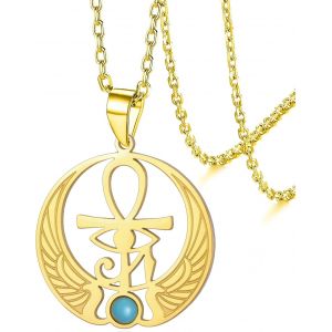 Kal-Collier Croix Ankh Oeil D'horus Turquoise Pendentif Clé De Vie Égyptien Antique Ailé Soleil Disque Symbole Protection Amulette Bijoux Religieux Pour Femmes Hommes - Neuf