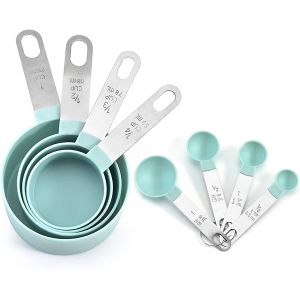 cuillère doseuse,cuillères doseuses en acier inoxydable,ensemble de 8 tasses et cuillères à mesurer en plastique bleu,ustensiles de cuisine pour liquides et solides - Neuf