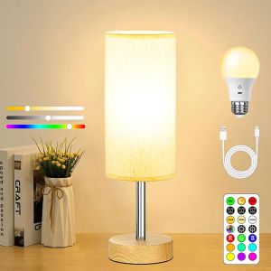 Lampe De Table Rechargeable Usb Sans Fil Avec T&eacute;l&eacute;commande, Lampe Ambiance Rgb, Lampe De Chevet Dimmable Led, Luminosit&eacute; R&eacute;glable, Timer, Petite Veilleuse, Base En Bois, Abat-Jour En Tissu - Neuf
