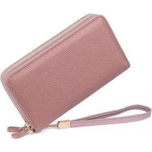 CAUC-Portefeuille Femme CuirPorte Monnaie Femme Blocage RFID avec Double Fermeture &Eacute;clairPorte-ch&eacute;quiers Femme &agrave; Glissi&egrave;rePorte Feuilles Femme avec Nombreux Compartiments (Poudre de Taro) - Neuf