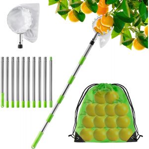 NouvelHorizonstore-4M Cueille Fruit Telescopique, Ramasse Pomme INOX et Sac de Rangement, Poteau R&eacute;glable Cueille Fruit pour Pommes Poires Oranges P&ecirc;ches Cerises - Neuf