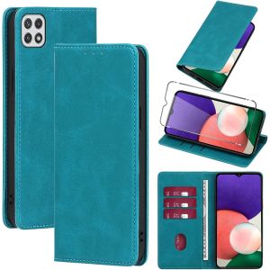 acdsgd-Coque Cuir pour Samsung Galaxy A22 5G 6.6"" avec 1 Verre Tremp&eacute; Etui &agrave; Rabat en PU Porte-Cartes Portefeuille Support Flip Housse Magn&eacute;tique Antichoc Anti-Rayures Case,Light Blue - Neuf