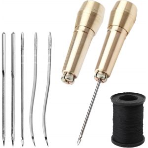 Ytseazn-Lot De 2 Alênes À Coudre Pour Cuir Alène De Cordonnier En Cuir Couture Cuir Avec 2 Poignées En Laiton,2 Aiguilles Droites,2 Aiguilles Courbes,2 Trous D'aiguille Et 50 Mètres De Fil Noir - Neuf