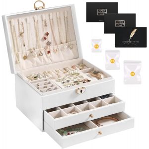 Jexnovashop-Boite À Bijoux,Coffret À Bijoux 3 Couches,Avec Clef En Cuir Imperméable,Pour Boucles,D'oreilles,Colliers,Bracelets,Rangement De Bijoux Pour Voyage,Moderne,Idée Cadeau,Blanc Classique - Neuf