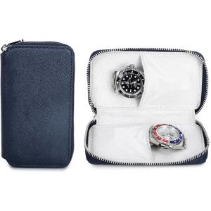 Kal-Étui De Voyage Pour Montre 2 Boîte De Rangement Pour Montres Cuir Saffiano Organisateur De Montre Portable À Fermeture Éclair (Bleu) - Neuf