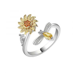 2023 Nouvelle Bague,Tournesol Abeille Rotation Diamant&eacute; Serti Tout Match Populaire Anti-Stress Anneau Ouvert - Neuf