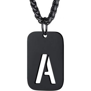 Trahoo-Collier Homme Plaque Initiale Noir En Acier Inoxydable, Chaîne Pendentif Dog Tag Avec L'alphabet Creux - Neuf