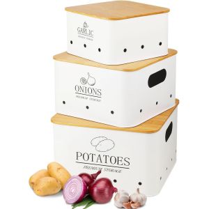 Chenquansarl-Boite Pomme De Terre, Oignon Et Ail, Lot De 3 Rangement Pomme De Terre, Boite Oignon, Boite Ail, Conservation Pomme De Terre Avec Couvercle En Bambou, Boite Rangement Cuisine, Blanc - Neuf
