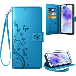 Sjzg-Coque Pour Samsung Galaxy A55 5g + 1 Verre Tremp&eacute;, Retro Design Housse Premium En Cuir Pu Pochette De Portefeuille Pour Porte Cartes Fonction Stand Flip Etui Pour Samsung A55, Bleu - Neuf