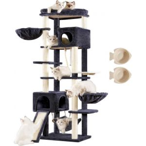 Arbre ¿¿ Chat D'int¿¿Rieur De 180 Cm, Avec 2 Niches, 2 Paniers Pour Chat, Hamac, Gamelle Et Griffoir En Sisal, Arbre ¿¿ Chat ¿¿ Plusieurs ¿¿Tages, Gris Fum¿¿ Empj036g - Neuf