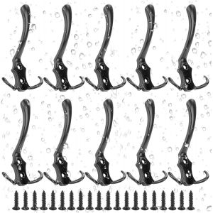 Lankai 10 Pi&egrave;ces Crochet Mural Noir, Crochets Trois Porte Manteau Avec Vis, Pat&egrave;res Murales, Crochet Porte Manteau, Avec 20 Vis, Pour Chambre, Entr&eacute;e, Salle de Bain (Noir) - Neuf