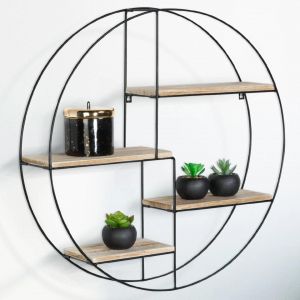 Etag&egrave;re Murale Ronde Lily 4 Niveaux Bois Et M&eacute;tal Design Industriel - Neuf