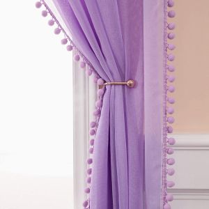 Tianyi-Rideau Voilage À Pompons-Voilage Violet A Oeillets Lot De 2 (2xl140 X H 225 Cm), Beaux Rideaux Décoratif Chambre Bebe, Voilage Fenetre Intérieurs Salon, Rideau Avec Boule Peluche - Neuf