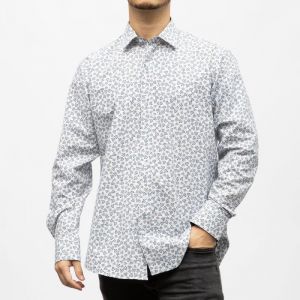 Bill00 Chemise Coton Poly Blanc Motif Fleurs Bleues Homme Bill Tornade - Neuf