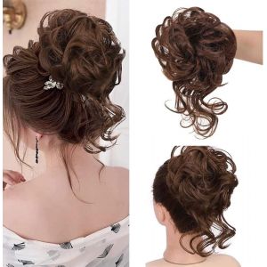 Grand Chignon, Chouchou Avec Cheveux, Postiche Boucl&eacute;e Avec Bande &Eacute;lastique, Pour Femmes Et Filles (M&eacute;lange De Marron Clair 12/24) - Neuf